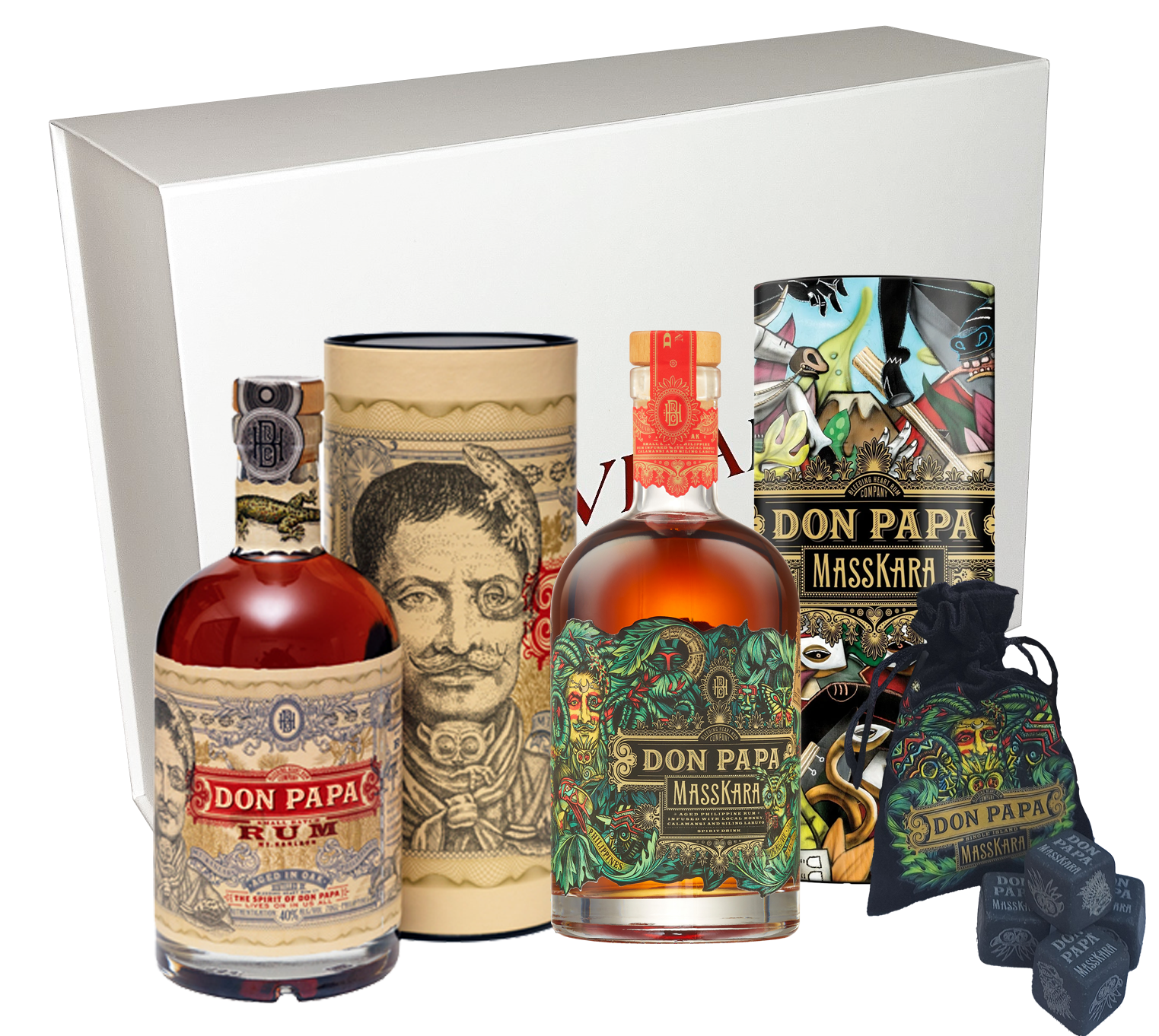 Coffret Vinaddict - Rhums Don Papa 7 ans et Masskara avec pierres "à whisky" Don Papa. 2 x 70cl