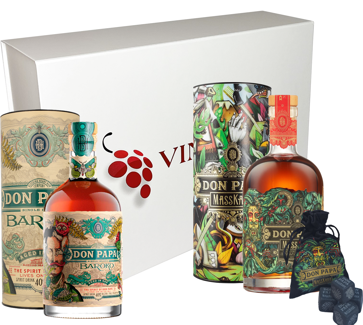 Coffret Vinaddict - Rhums Don Papa Baroko et Masskara avec pierres "à whisky" Don Papa. 2 x 70cl