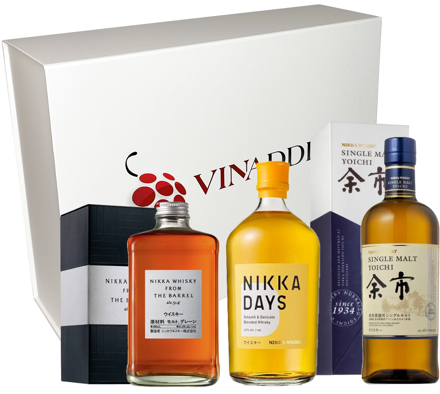 Coffret Whiskys japonais best sellers - Yoïchi Single Malt, Nikka From the Barrel, Nikka Days