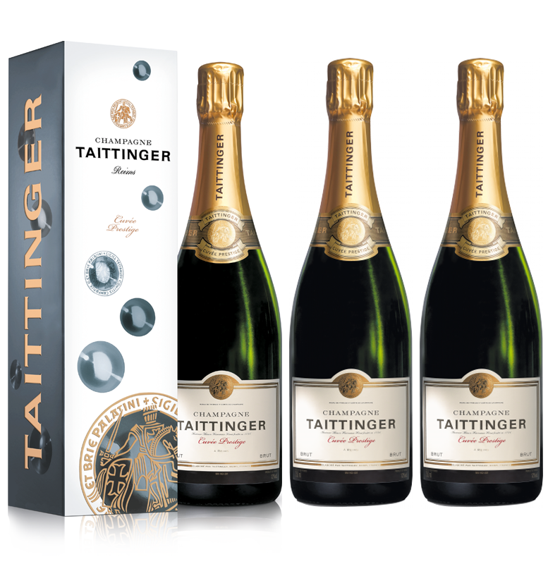 Lot 3 Champagnes Taittinger Brut Cuvée Prestige 75cl Etuis.