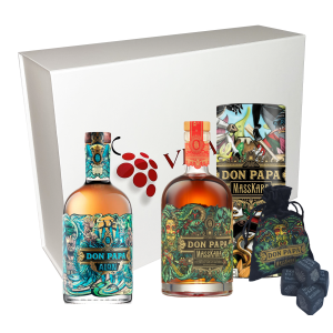 Coffret Vinaddict - Rhums Don Papa Alon et Masskara avec pierres "à whisky" Don Papa. 2 x 70cl